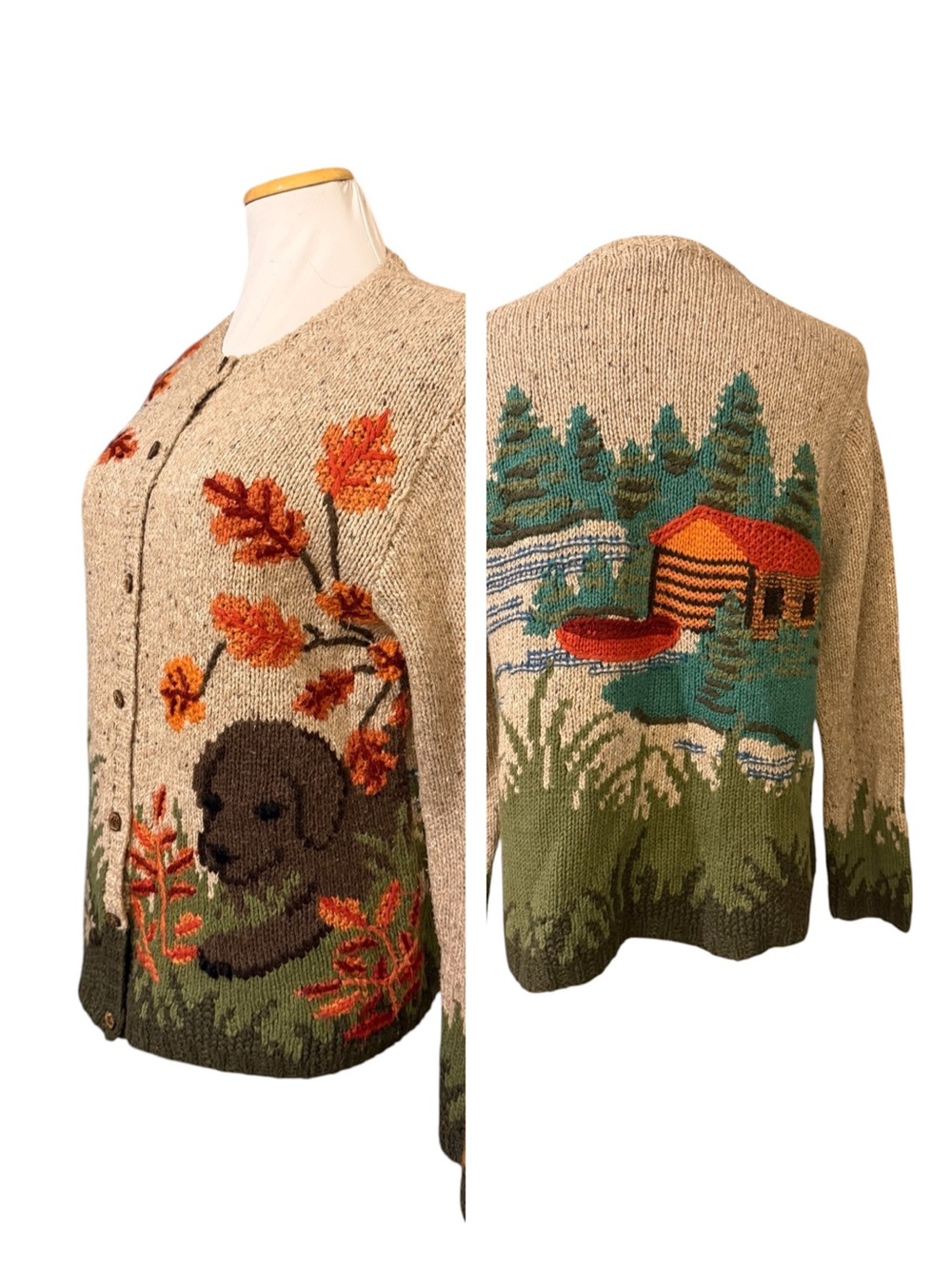Northern Isles Cozy Scenic Embroidered Wool-Blend Cardigan Sweater - Dog/cabin